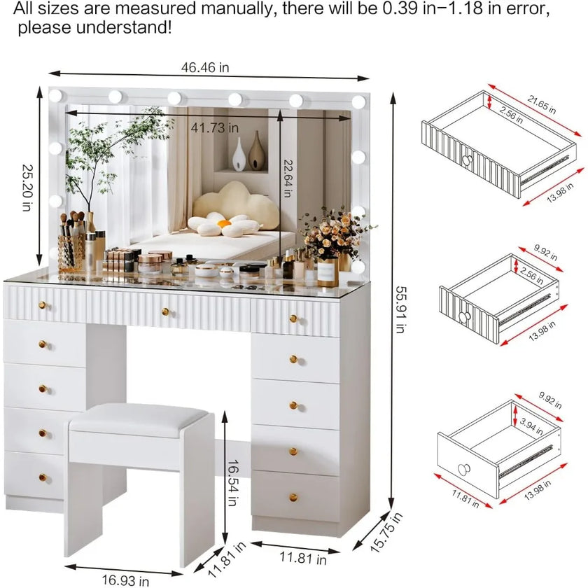 Large Vanity Desk, with Chair, Modern High Capacity Makeup Vanity with 11 Drawers,Glass Top, for Bedroom,Makeup Room,White, No w