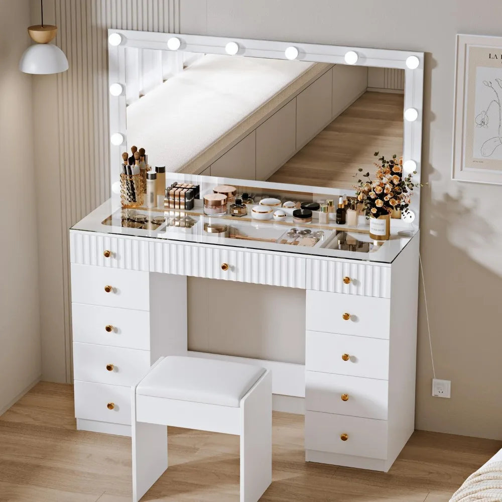 Large Vanity Desk, with Chair, Modern High Capacity Makeup Vanity with 11 Drawers,Glass Top, for Bedroom,Makeup Room,White, No w