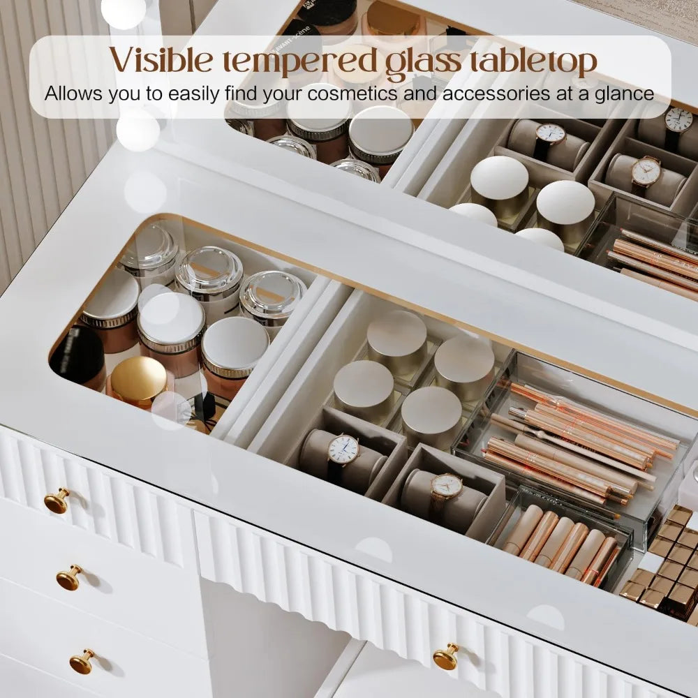 Large Vanity Desk, with Chair, Modern High Capacity Makeup Vanity with 11 Drawers,Glass Top, for Bedroom,Makeup Room,White, No w