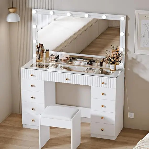 Large Vanity Desk, with Chair, Modern High Capacity Makeup Vanity with 11 Drawers,Glass Top, for Bedroom,Makeup Room,White, No w