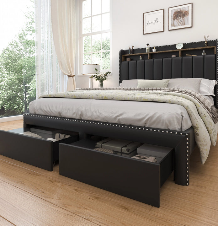 Queen LED Bed Frame with Storage Drawers, Upholstered Platform Bed with 2-Tier Wingback Headboard, No Box Spring Needed