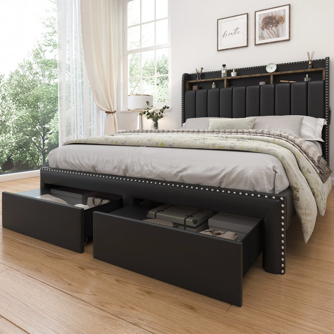 Queen LED Bed Frame with Storage Drawers, Upholstered Platform Bed with 2-Tier Wingback Headboard, No Box Spring Needed