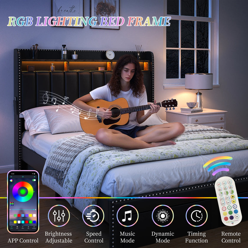 Queen LED Bed Frame with Storage Drawers, Upholstered Platform Bed with 2-Tier Wingback Headboard, No Box Spring Needed