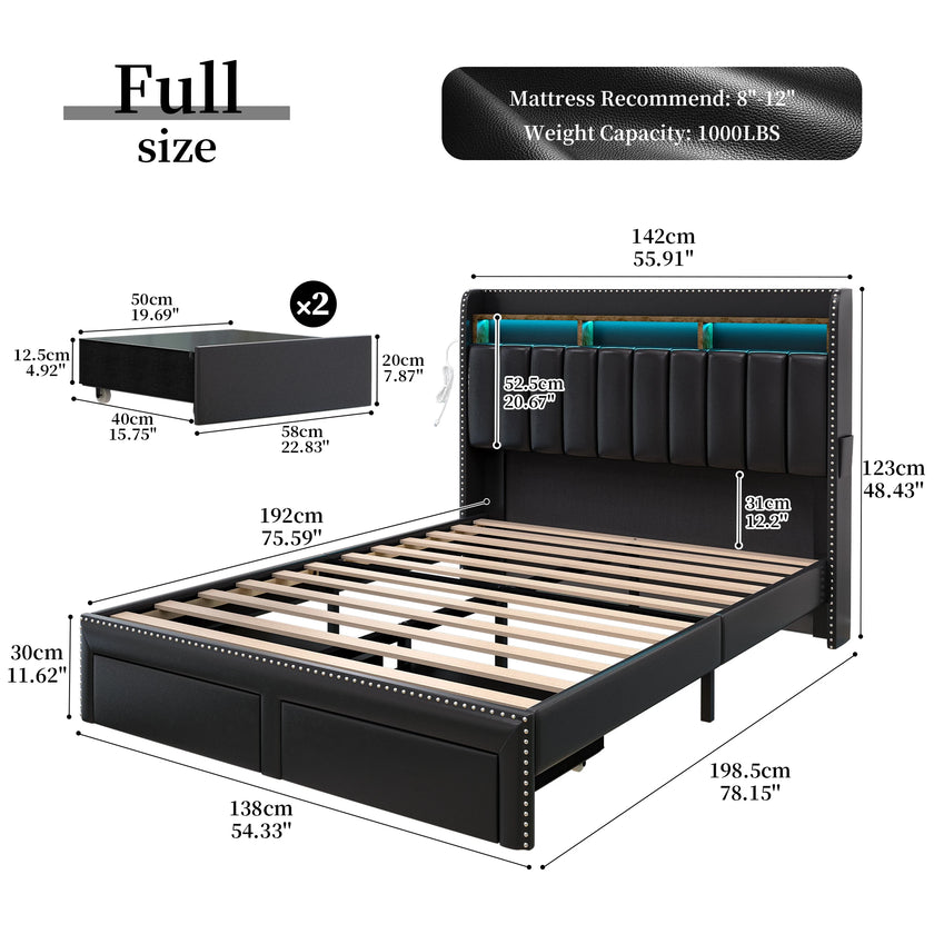 Queen LED Bed Frame with Storage Drawers, Upholstered Platform Bed with 2-Tier Wingback Headboard, No Box Spring Needed