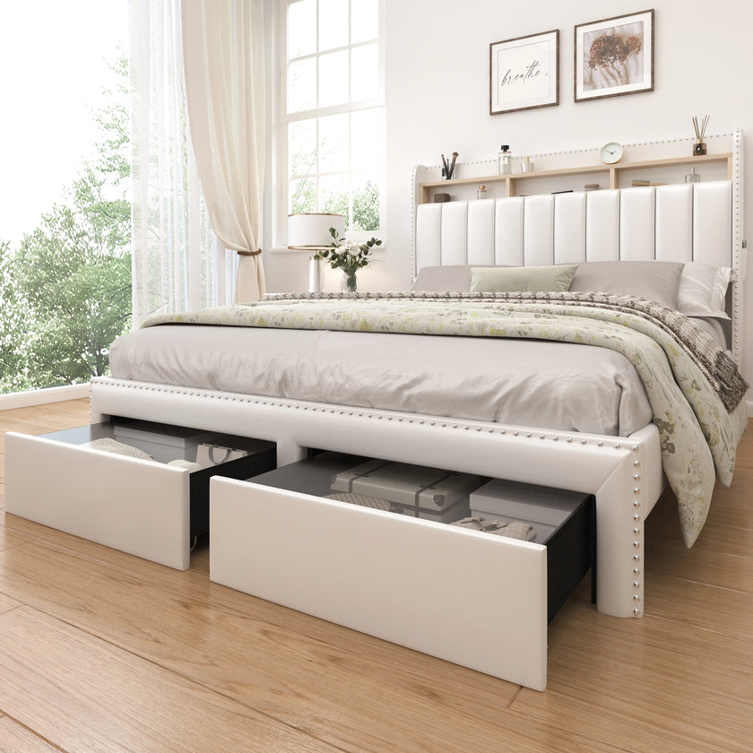 Queen LED Bed Frame with Storage Drawers, Upholstered Platform Bed with 2-Tier Wingback Headboard, No Box Spring Needed