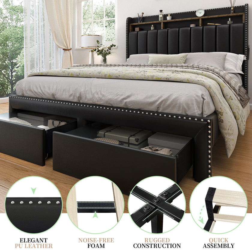 Queen LED Bed Frame with Storage Drawers, Upholstered Platform Bed with 2-Tier Wingback Headboard, No Box Spring Needed