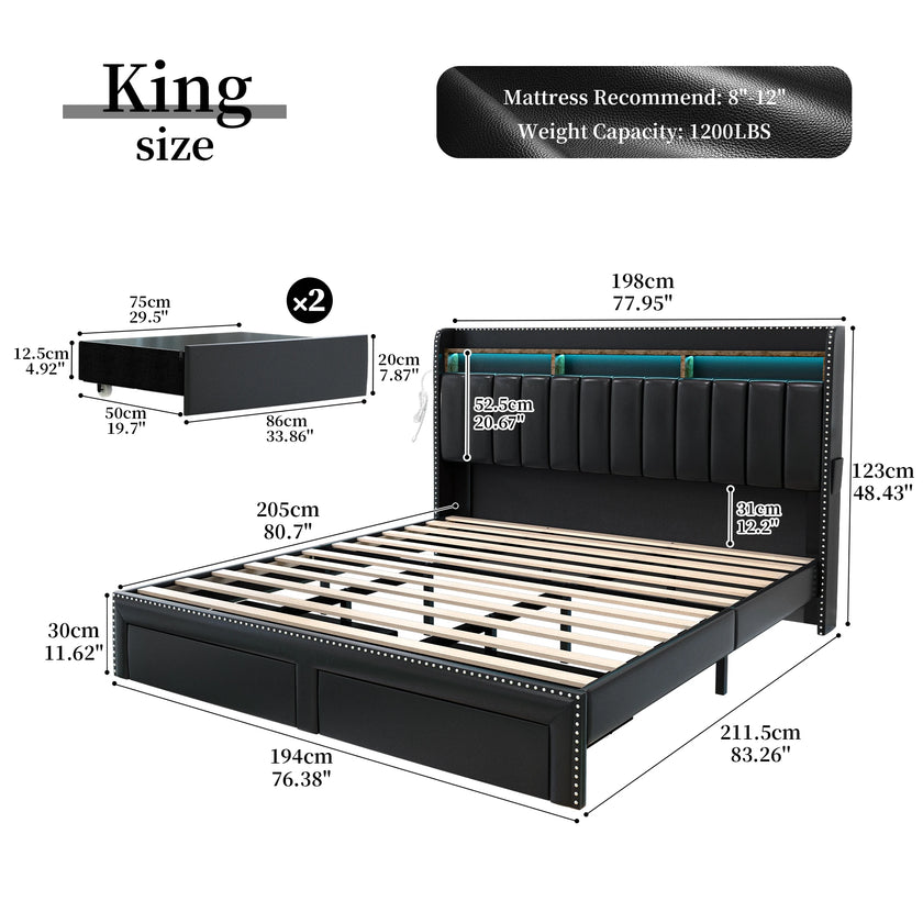 Queen LED Bed Frame with Storage Drawers, Upholstered Platform Bed with 2-Tier Wingback Headboard, No Box Spring Needed