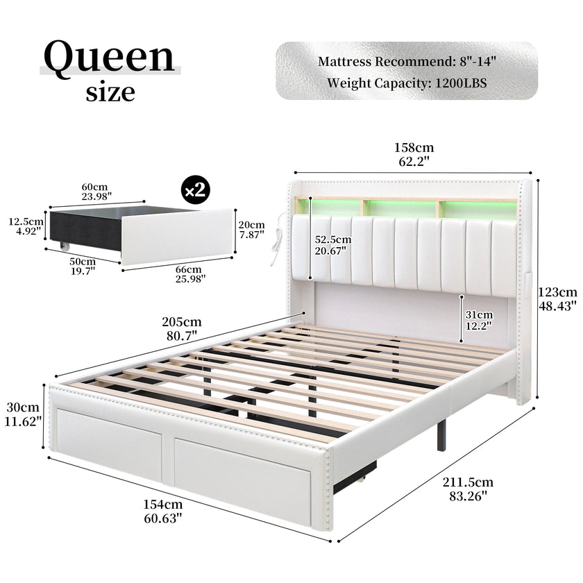 Queen LED Bed Frame with Storage Drawers, Upholstered Platform Bed with 2-Tier Wingback Headboard, No Box Spring Needed