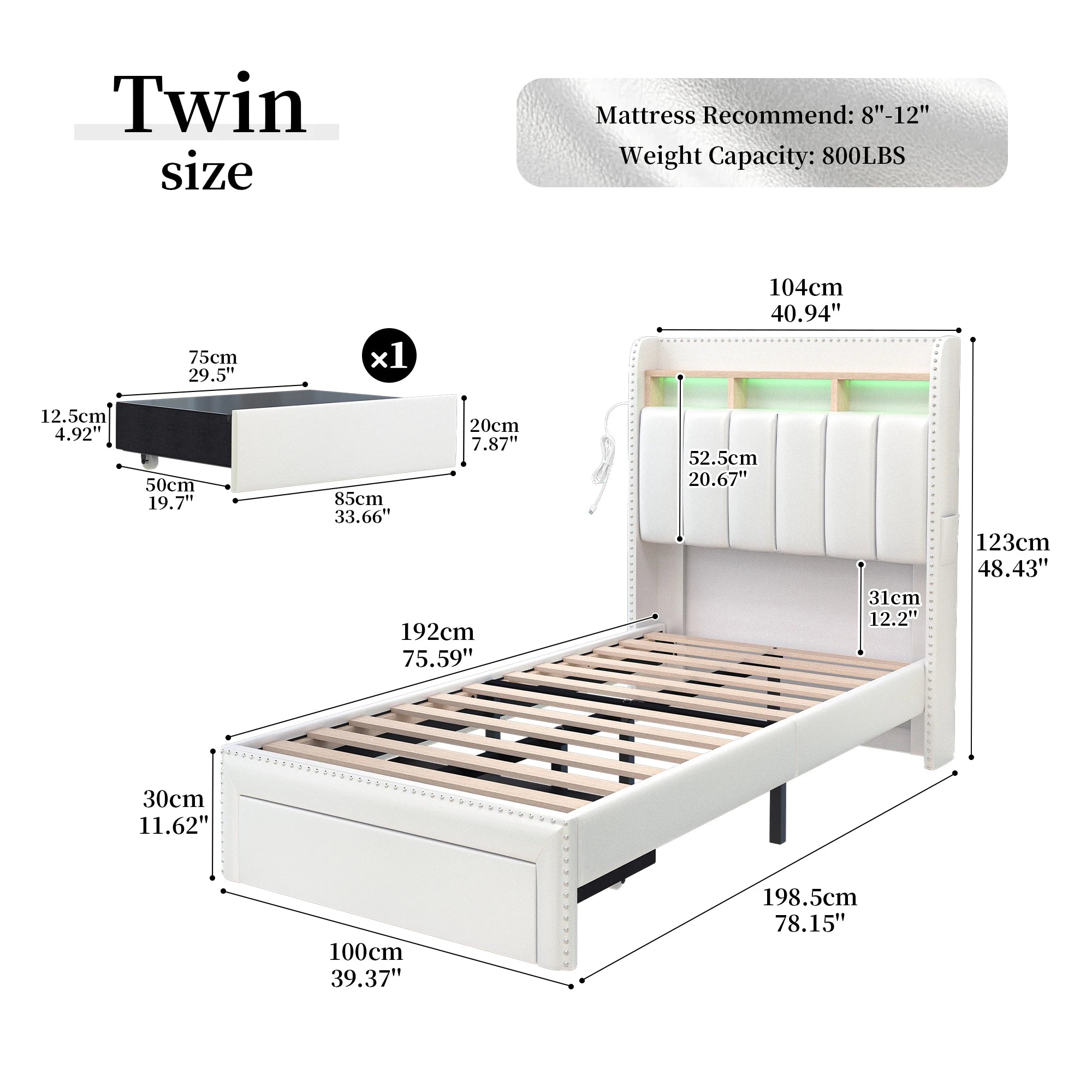 Queen LED Bed Frame with Storage Drawers, Upholstered Platform Bed with 2-Tier Wingback Headboard, No Box Spring Needed