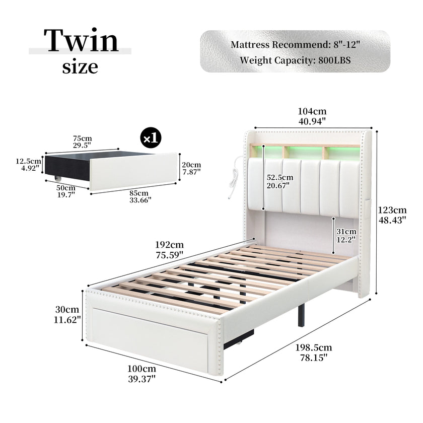 Queen LED Bed Frame with Storage Drawers, Upholstered Platform Bed with 2-Tier Wingback Headboard, No Box Spring Needed