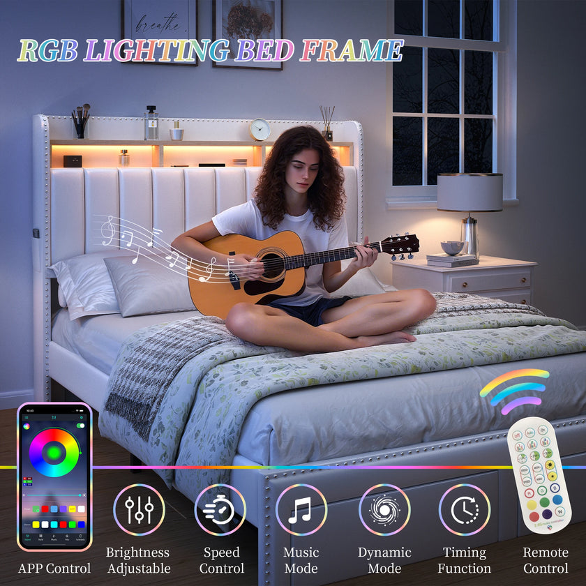 Queen LED Bed Frame with Storage Drawers, Upholstered Platform Bed with 2-Tier Wingback Headboard, No Box Spring Needed