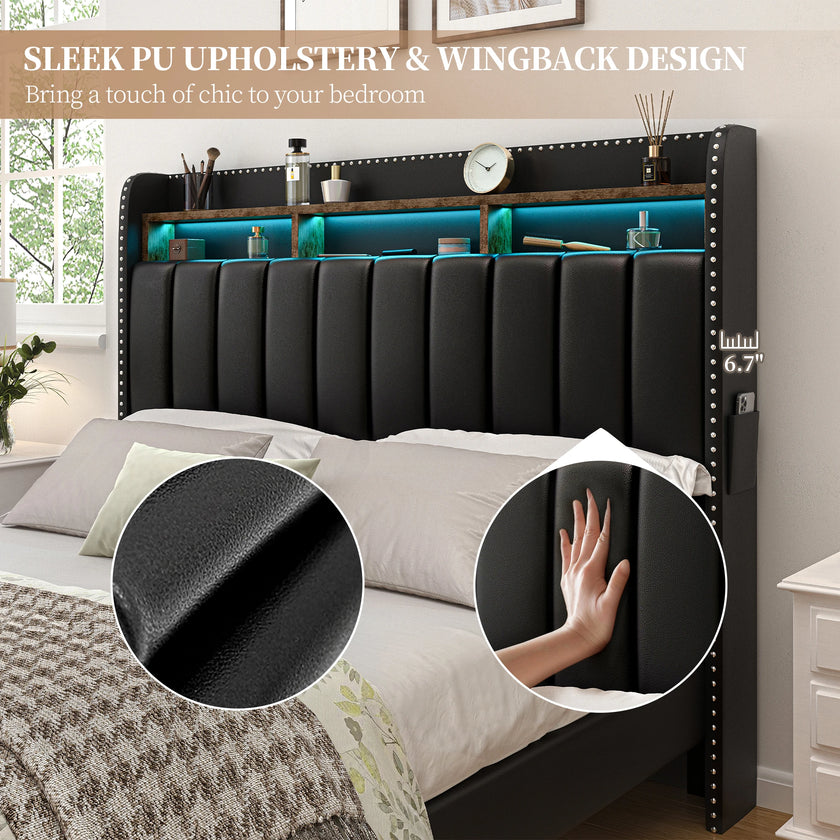 Queen LED Bed Frame with Storage Drawers, Upholstered Platform Bed with 2-Tier Wingback Headboard, No Box Spring Needed