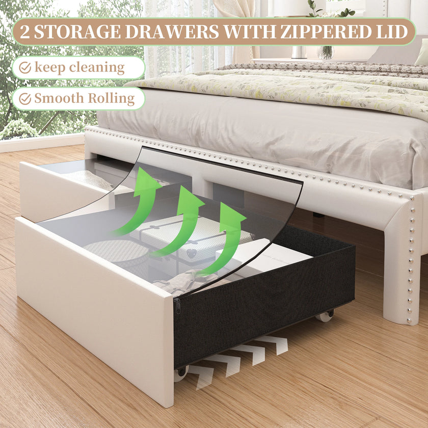 Queen LED Bed Frame with Storage Drawers, Upholstered Platform Bed with 2-Tier Wingback Headboard, No Box Spring Needed