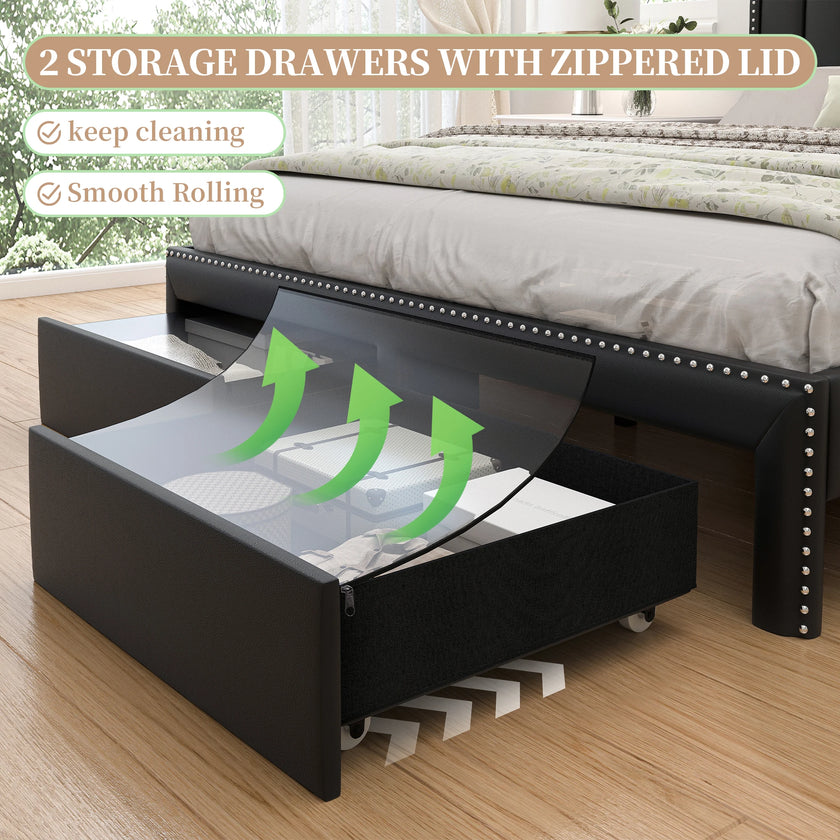 Queen LED Bed Frame with Storage Drawers, Upholstered Platform Bed with 2-Tier Wingback Headboard, No Box Spring Needed