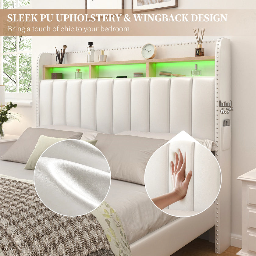 Queen LED Bed Frame with Storage Drawers, Upholstered Platform Bed with 2-Tier Wingback Headboard, No Box Spring Needed