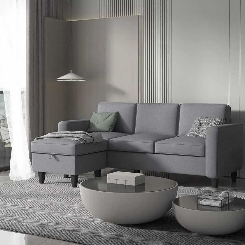 Convertible L-Shaped Sectional, Modern Linen Fabric 3-Seat Sofa Couch Furniture Set with Storage Ottoman