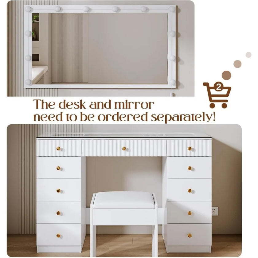 Large Vanity Desk, with Chair, Modern High Capacity Makeup Vanity with 11 Drawers,Glass Top, for Bedroom,Makeup Room,White, No w