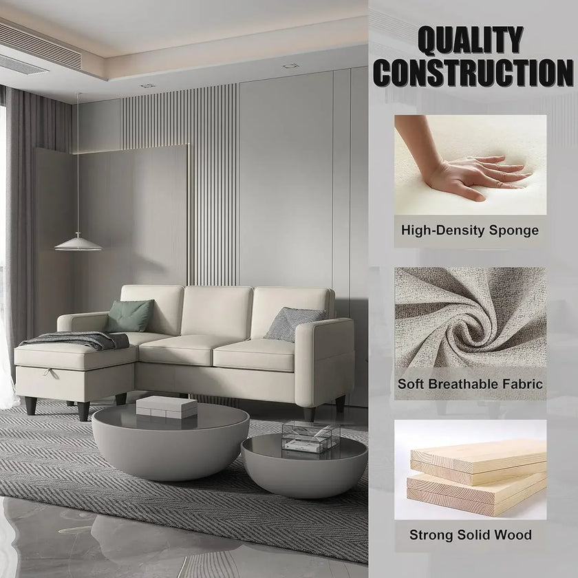 Convertible L-Shaped Sectional, Modern Linen Fabric 3-Seat Sofa Couch Furniture Set with Storage Ottoman