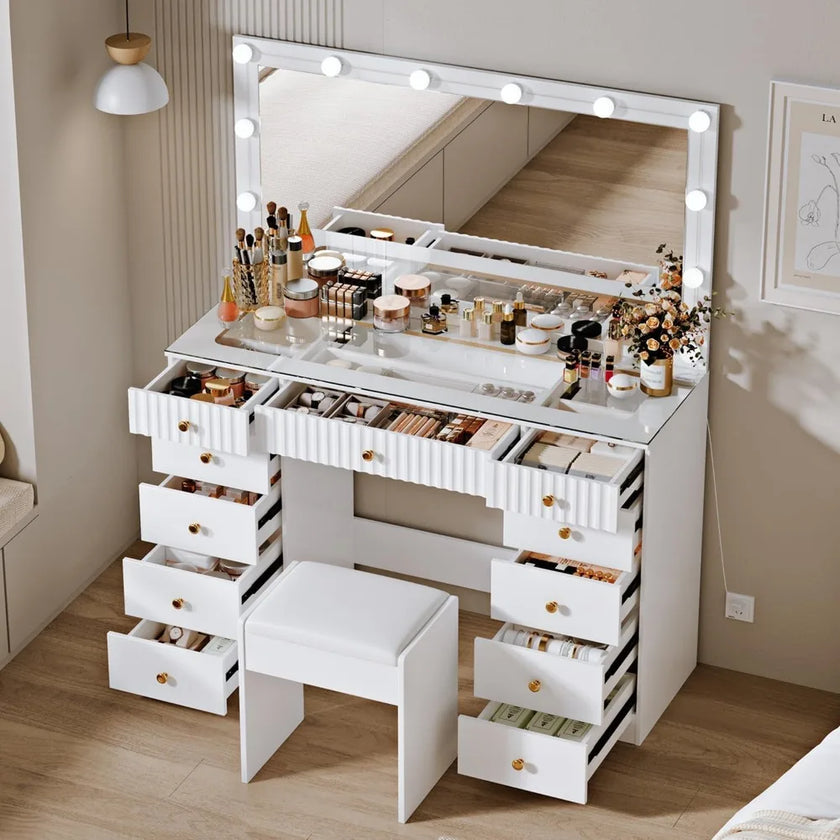 Large Vanity Desk, with Chair, Modern High Capacity Makeup Vanity with 11 Drawers,Glass Top, for Bedroom,Makeup Room,White, No w