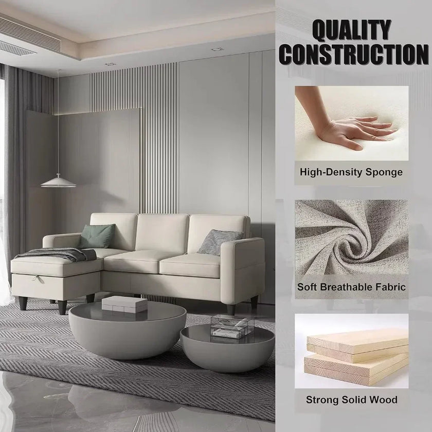 Convertible L-Shaped Sectional, Modern Linen Fabric 3-Seat Sofa Couch Furniture Set with Storage Ottoman