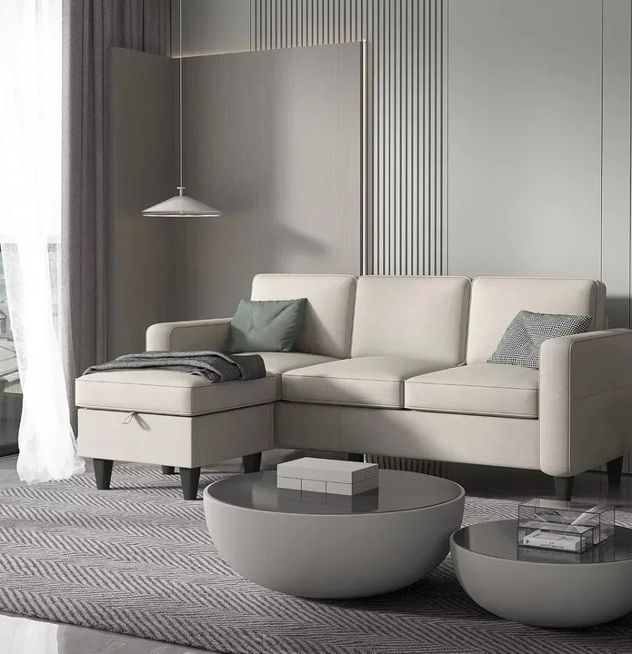 Convertible L-Shaped Sectional, Modern Linen Fabric 3-Seat Sofa Couch Furniture Set with Storage Ottoman
