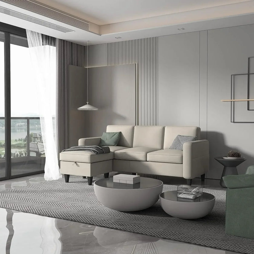 Convertible L-Shaped Sectional, Modern Linen Fabric 3-Seat Sofa Couch Furniture Set with Storage Ottoman