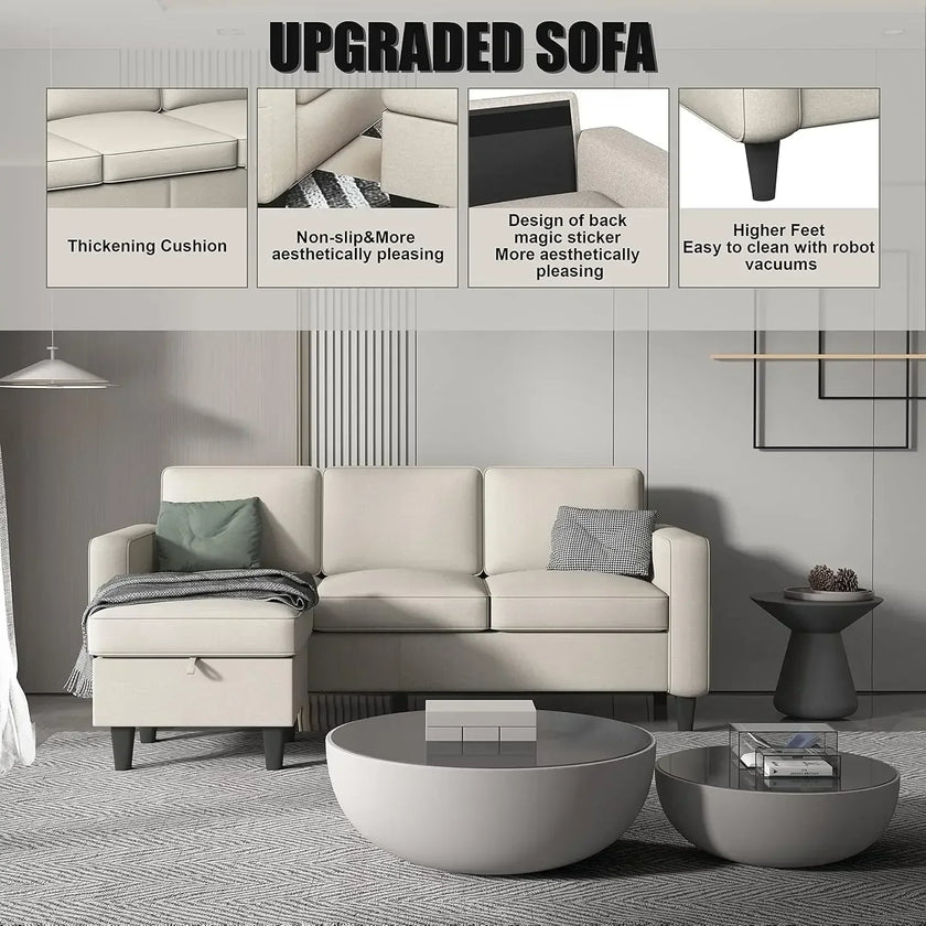 Convertible L-Shaped Sectional, Modern Linen Fabric 3-Seat Sofa Couch Furniture Set with Storage Ottoman