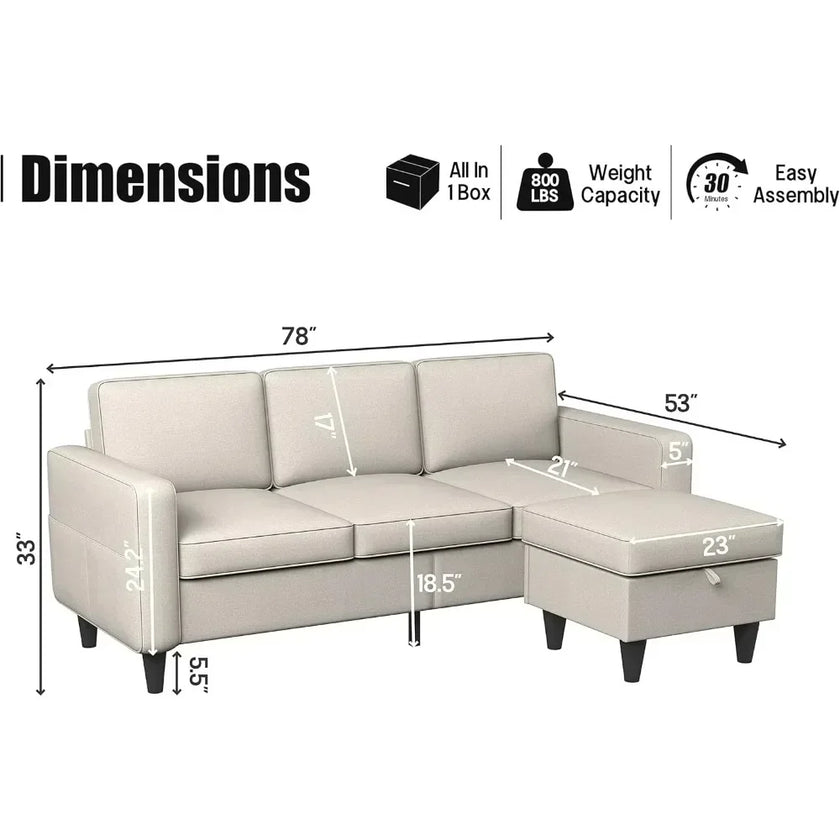 Convertible L-Shaped Sectional, Modern Linen Fabric 3-Seat Sofa Couch Furniture Set with Storage Ottoman