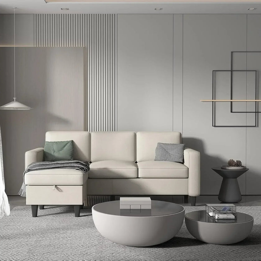 Convertible L-Shaped Sectional, Modern Linen Fabric 3-Seat Sofa Couch Furniture Set with Storage Ottoman