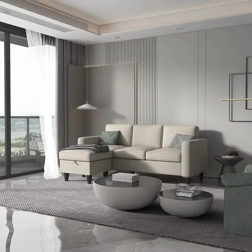 Convertible L-Shaped Sectional, Modern Linen Fabric 3-Seat Sofa Couch Furniture Set with Storage Ottoman
