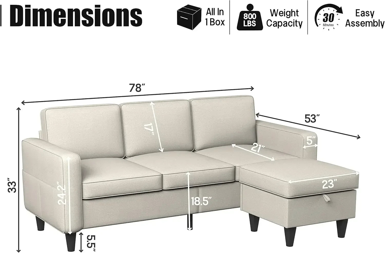 Convertible L-Shaped Sectional, Modern Linen Fabric 3-Seat Sofa Couch Furniture Set with Storage Ottoman