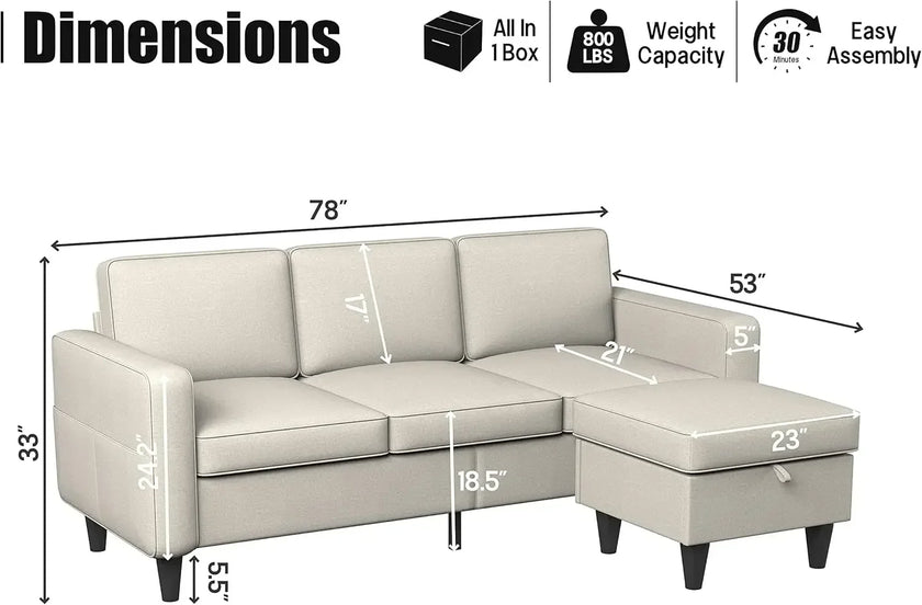 Convertible L-Shaped Sectional, Modern Linen Fabric 3-Seat Sofa Couch Furniture Set with Storage Ottoman