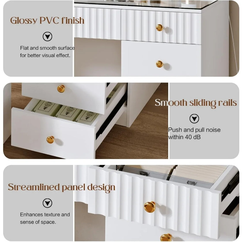 Large Vanity Desk, with Chair, Modern High Capacity Makeup Vanity with 11 Drawers,Glass Top, for Bedroom,Makeup Room,White, No w