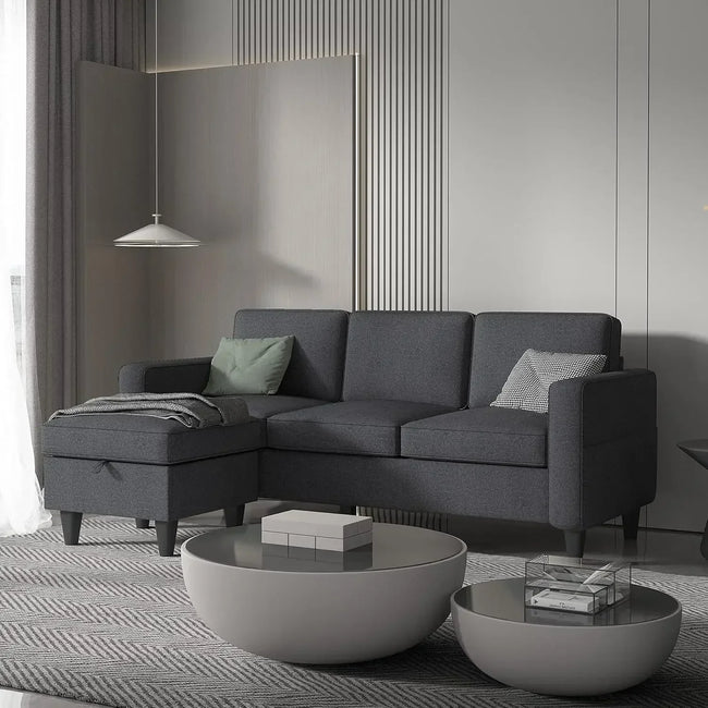 Convertible L-Shaped Sectional, Modern Linen Fabric 3-Seat Sofa Couch Furniture Set with Storage Ottoman